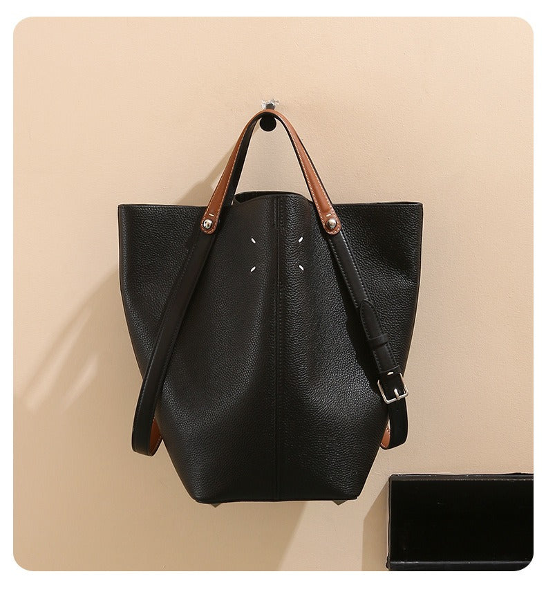 Two-Tone Bucket Tote Bag with Inner Pouch