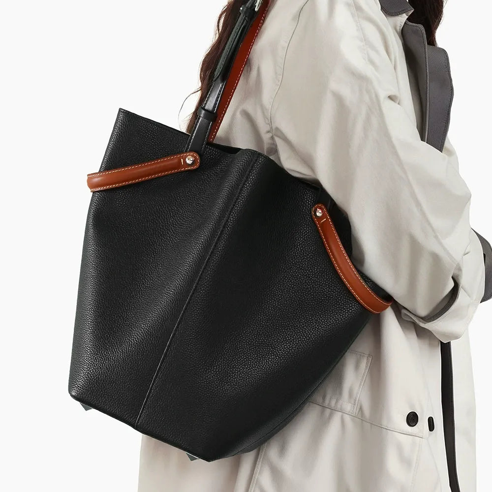 Two-Tone Bucket Tote Bag with Inner Pouch