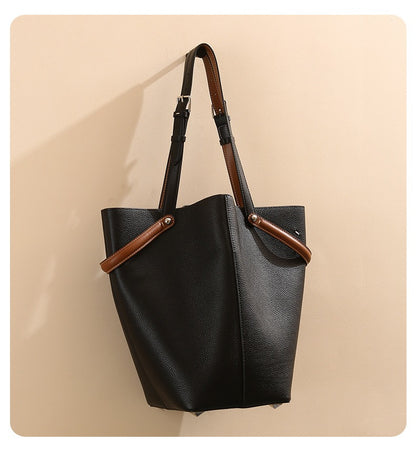 Two-Tone Bucket Tote Bag with Inner Pouch