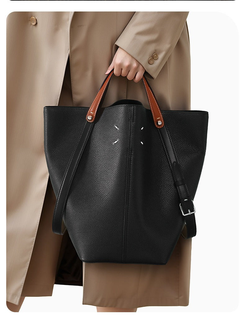 Two-Tone Bucket Tote Bag with Inner Pouch