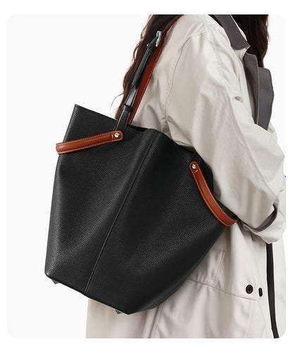 Two-Tone Bucket Tote Bag with Inner Pouch